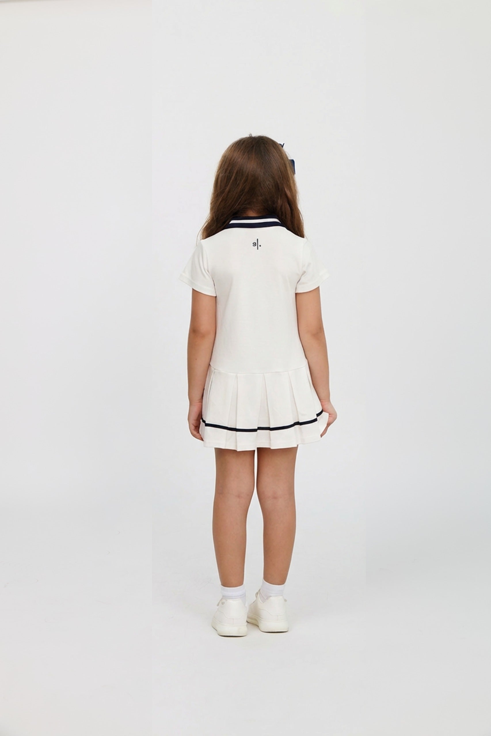 Kids' Cotton Preppy Pleated Dress with Appliqué