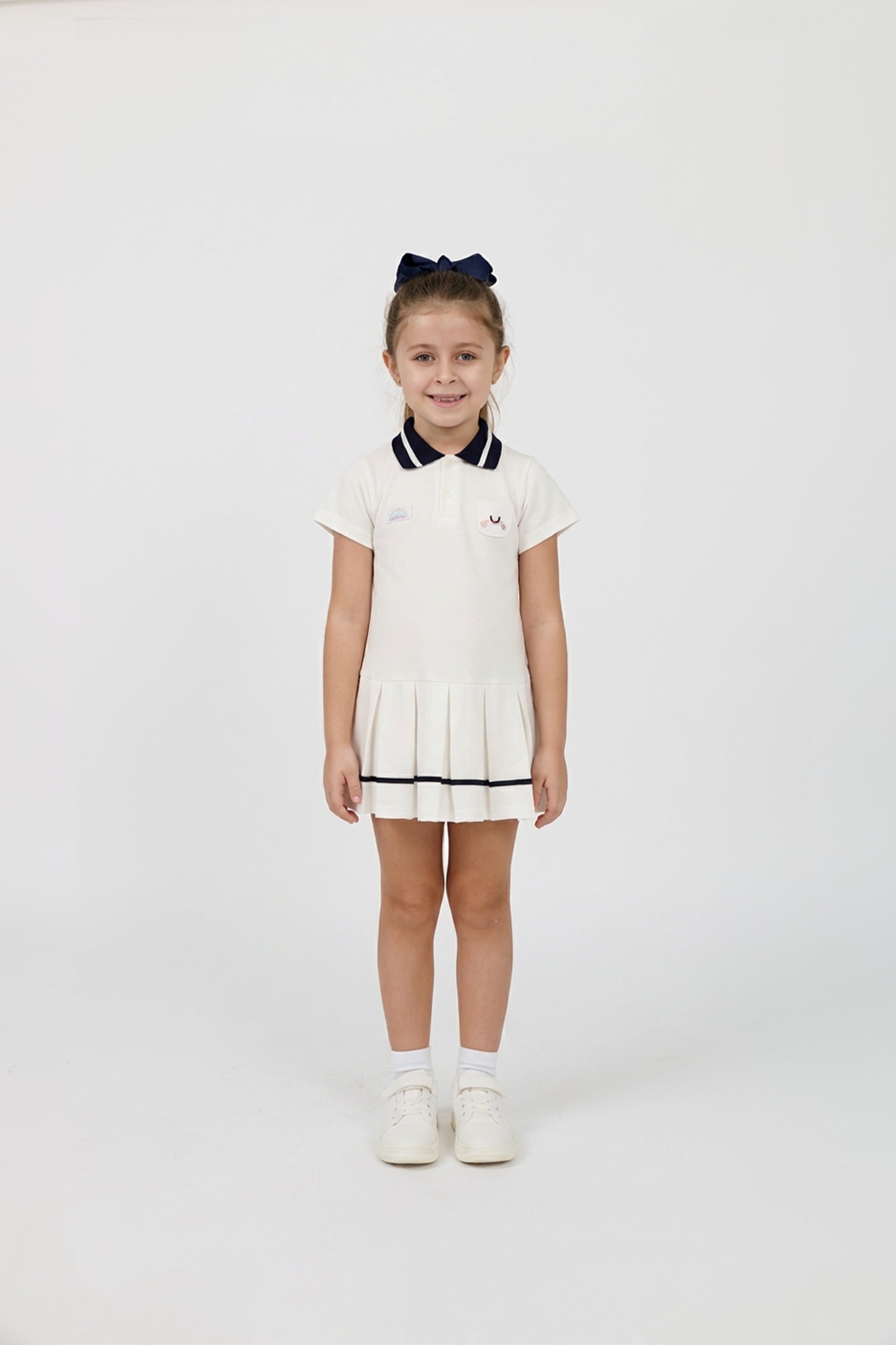 Kids' Cotton Preppy Pleated Dress with Appliqué